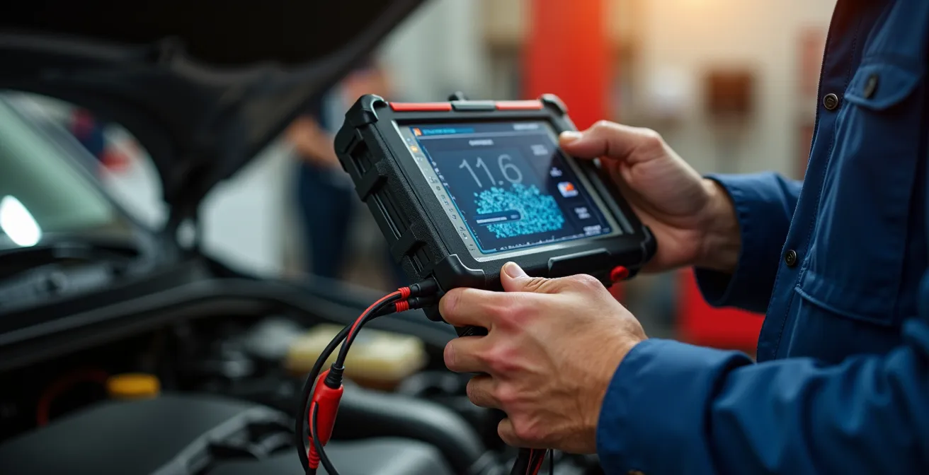 Mécanicien examinant un moteur avec un testeur électronique professionnel