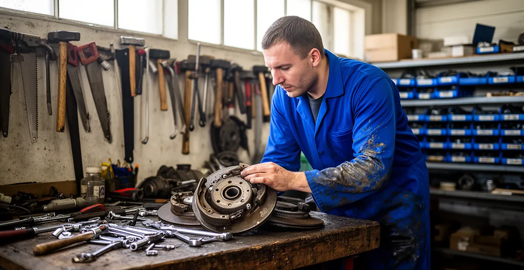 Technicien examinant des mâchoires de frein sur un établi d'atelier mécanique