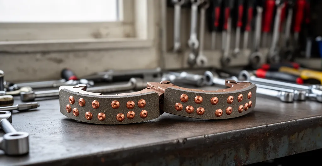 Mâchoires de frein avec garnitures rivetées et rivets cuivrés visibles
