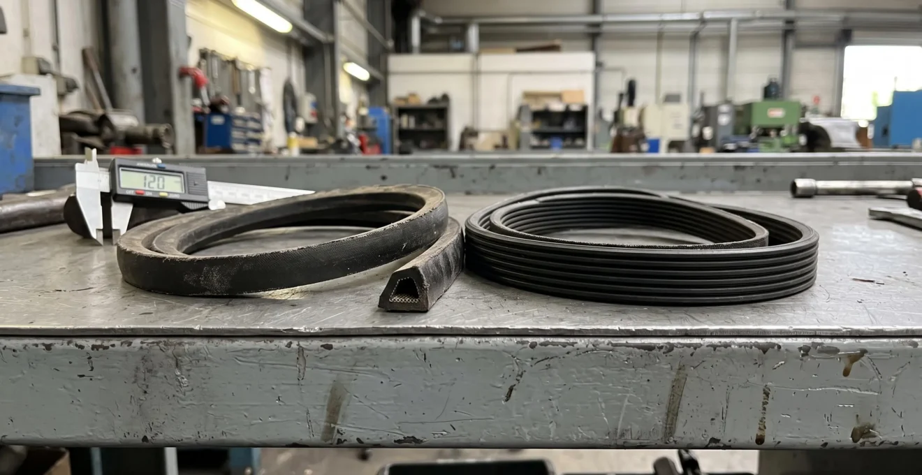 Deux courroies industrielles posées côte à côte sur un établi : une courroie trapézoïdale et une courroie Poly V à multi-stries.