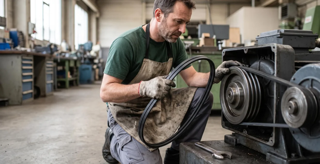 Un technicien de maintenance examine une courroie trapézoïdale à côté de la poulie d'un moteur électrique dans un atelier industriel.