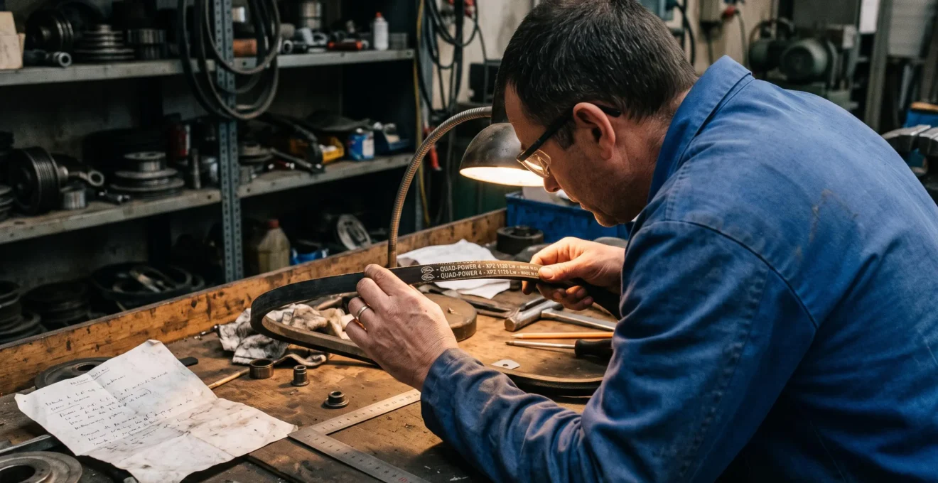 Un technicien lit le marquage de référence imprimé sur une courroie industrielle sous une lampe d'atelier.